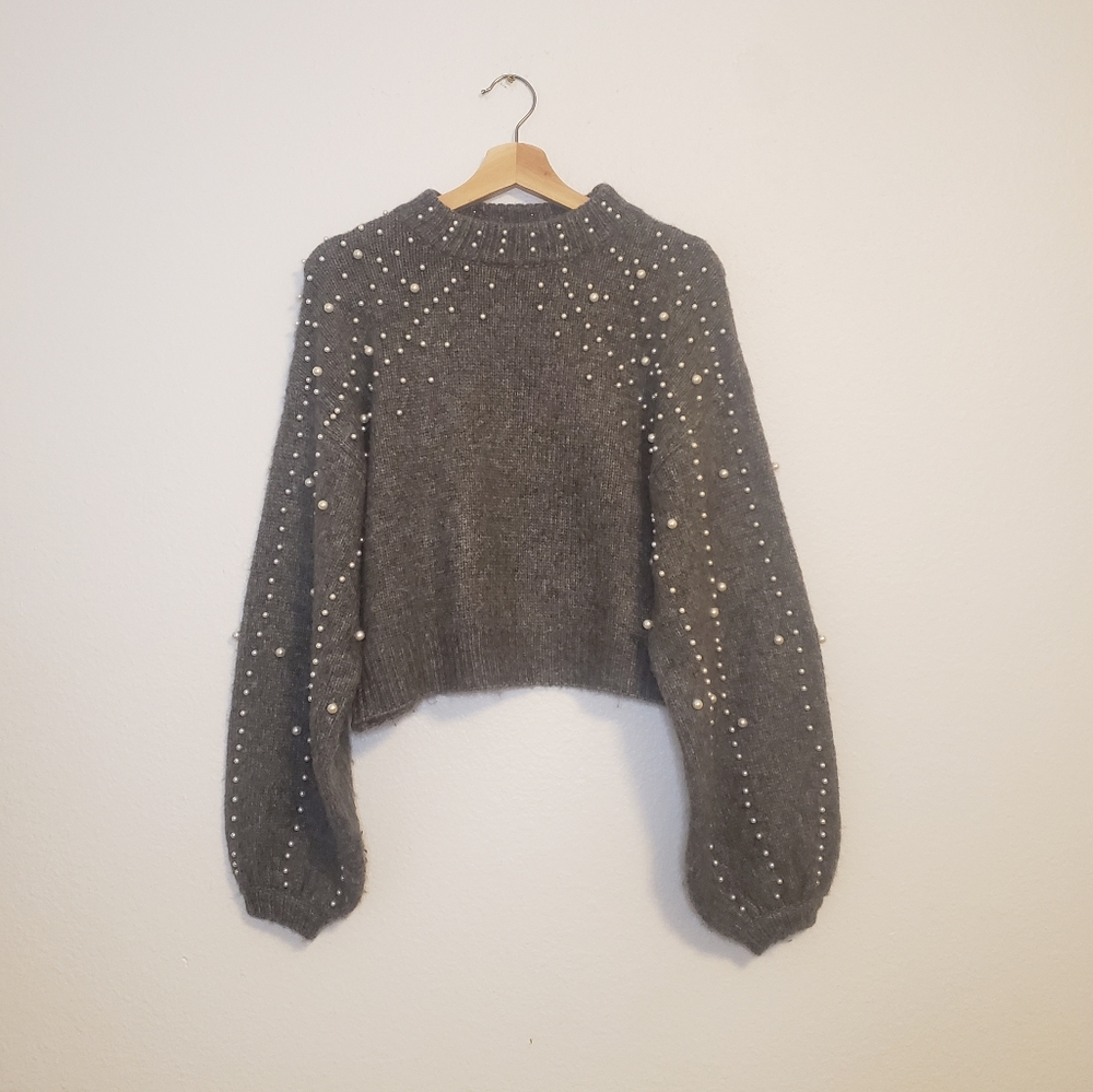 Gray Pearl-Embellished Women's Sweater